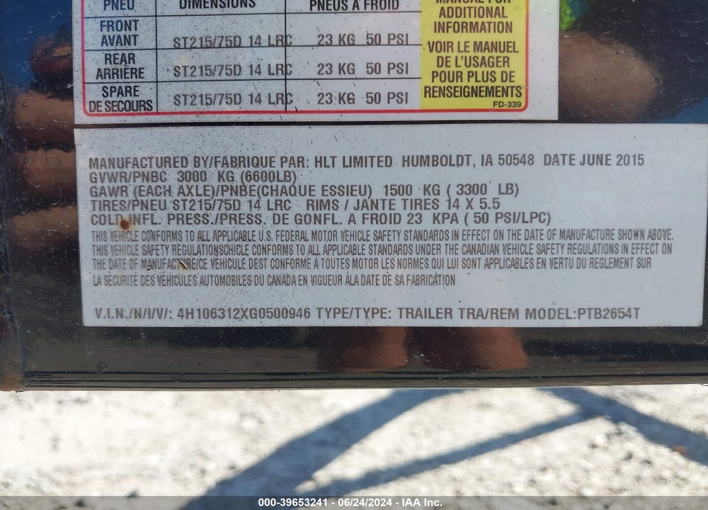 2016 TRAILER HLT VIN: 4H106312XG0500946