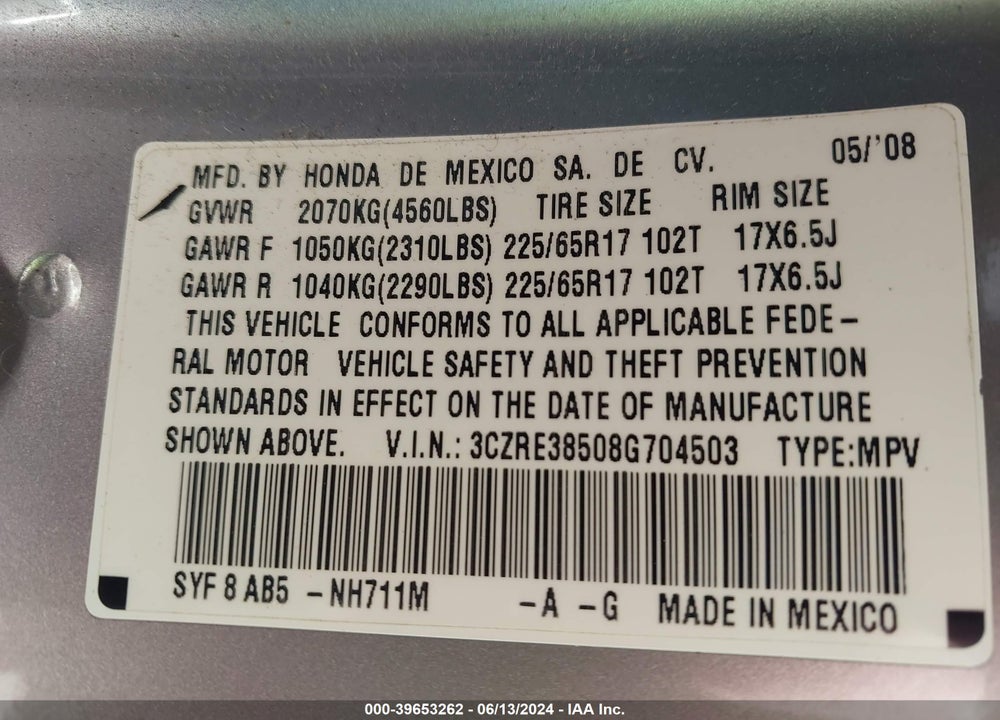 2008 HONDA CR-V EX VIN: 3CZRE38508G704503