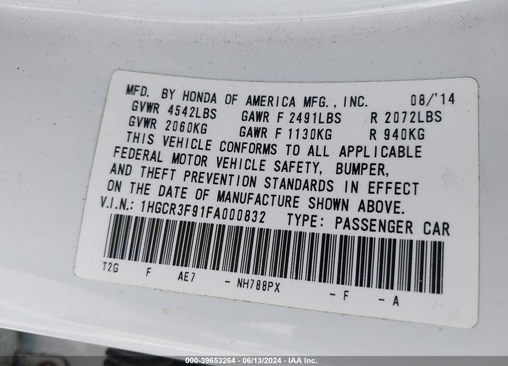2015 HONDA ACCORD TOURING VIN: 1HGCR3F91FA000832