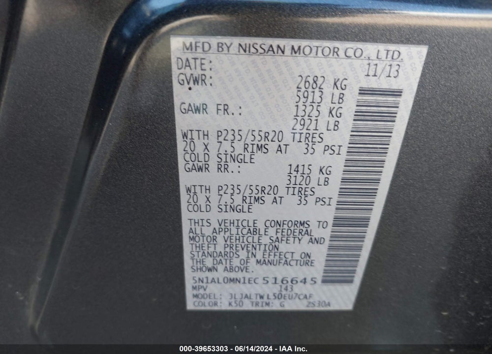 2014 INFINITI QX60 VIN: 5N1AL0MN1EC516645
