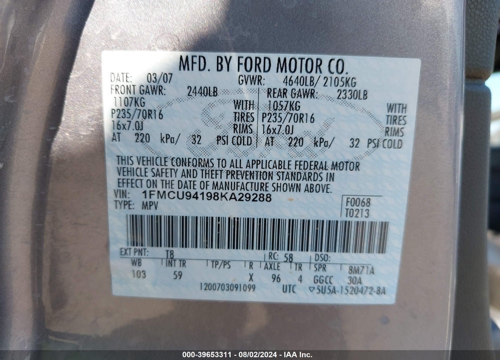2008 FORD ESCAPE LIMITED VIN: 1FMCU94198KA29288