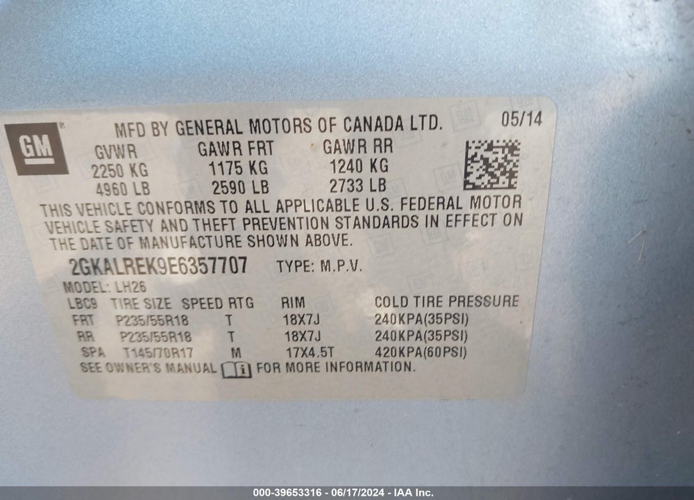 2014 GMC TERRAIN SLE-2 VIN: 2GKALREK9E6357707