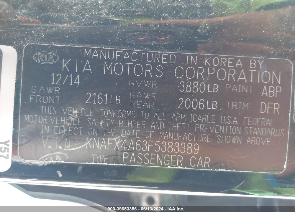 2015 KIA FORTE LX VIN: KNAFX4A63F5383389