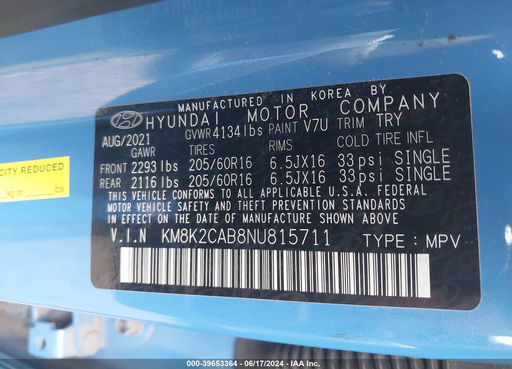 2022 HYUNDAI KONA SE VIN: KM8K2CAB8NU815711