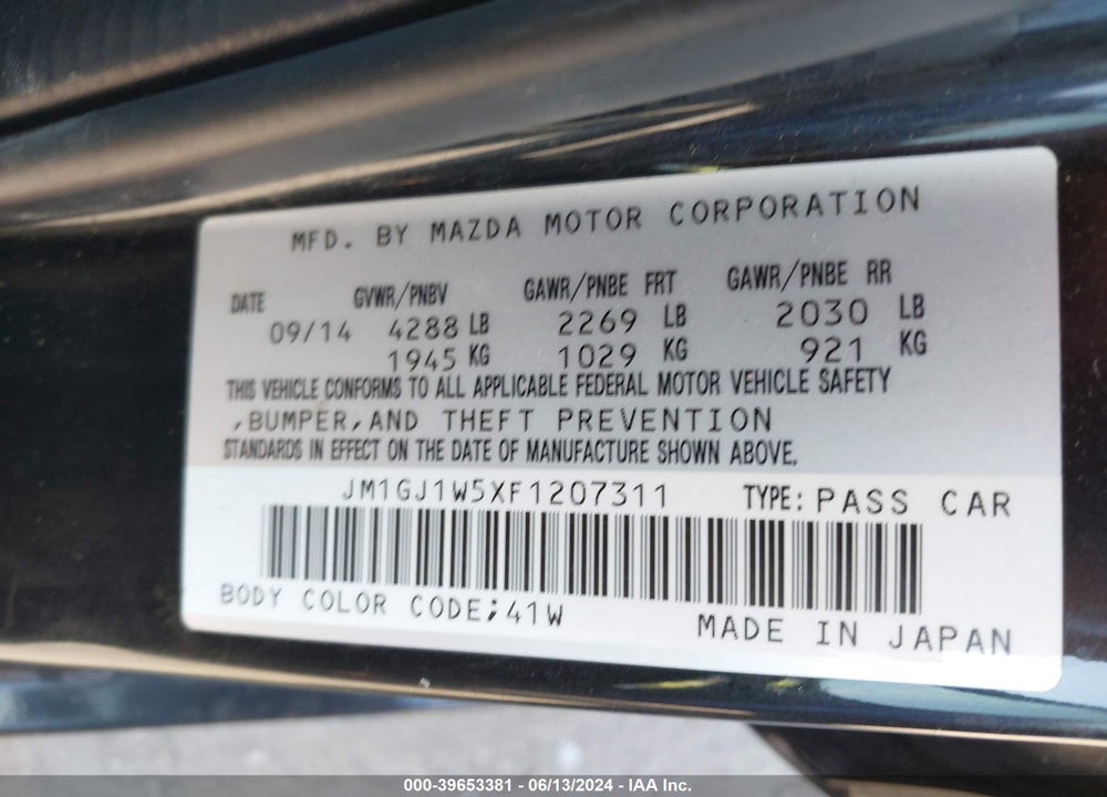 2015 MAZDA 6 I GRAND TOURING VIN: JM1GJ1W5XF1207311