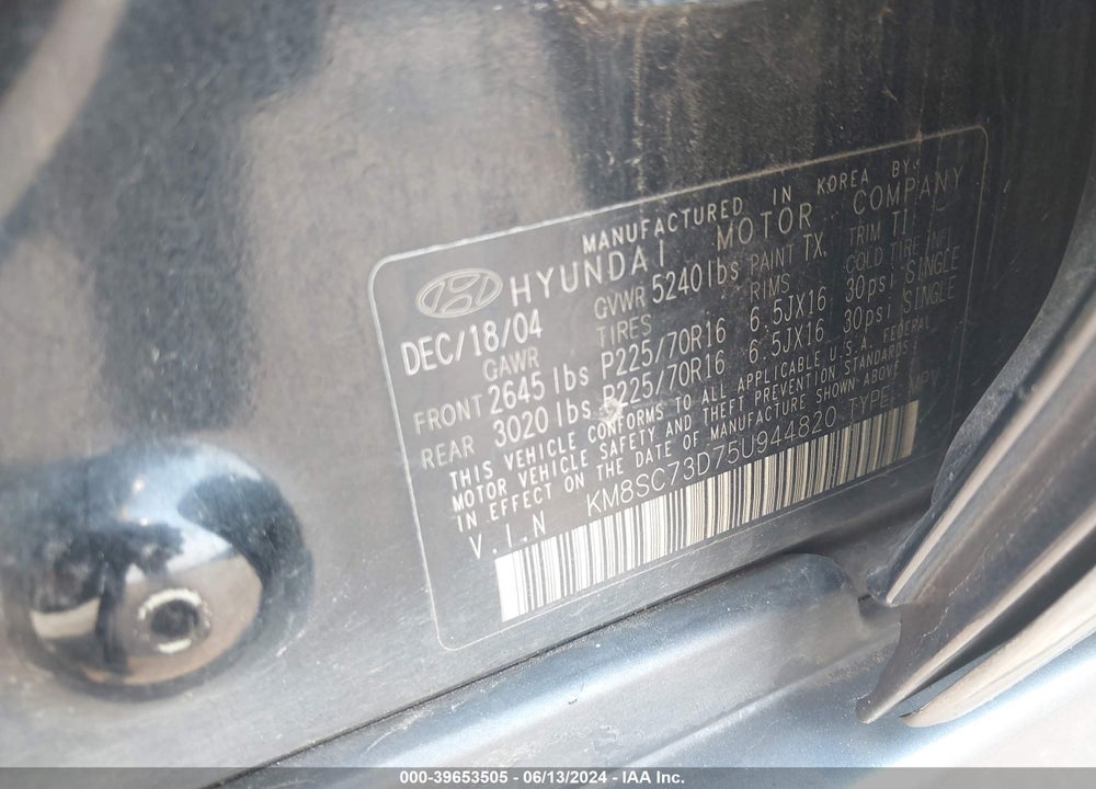 2005 HYUNDAI SANTA FE GLS VIN: KM8SC73D75U944820