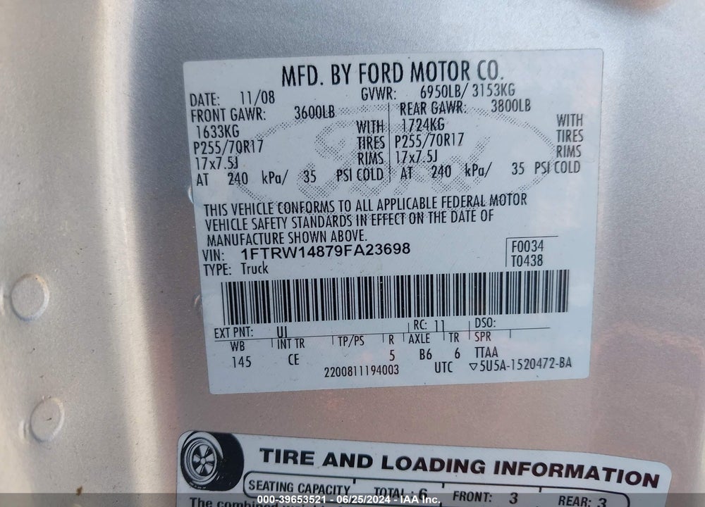 2009 FORD F-150 XL/XLT VIN: 1FTRW14879FA23698