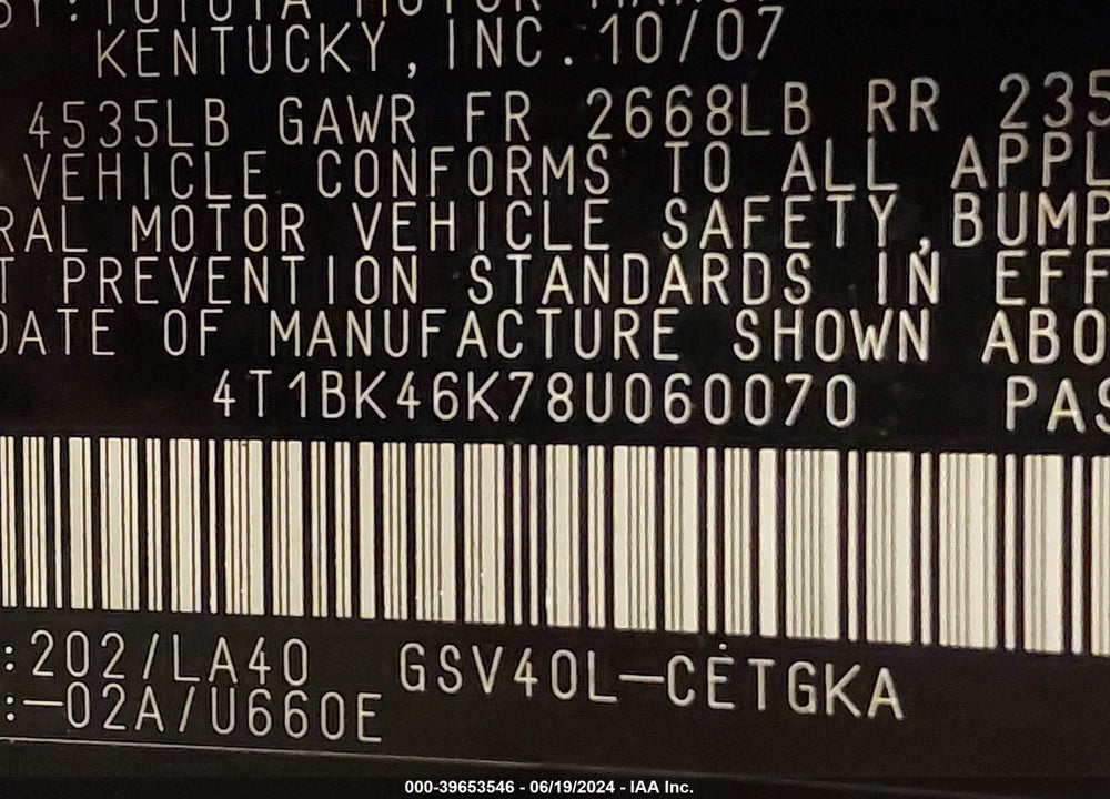 2008 TOYOTA CAMRY XLE V6 VIN: 4T1BK46K78U060070