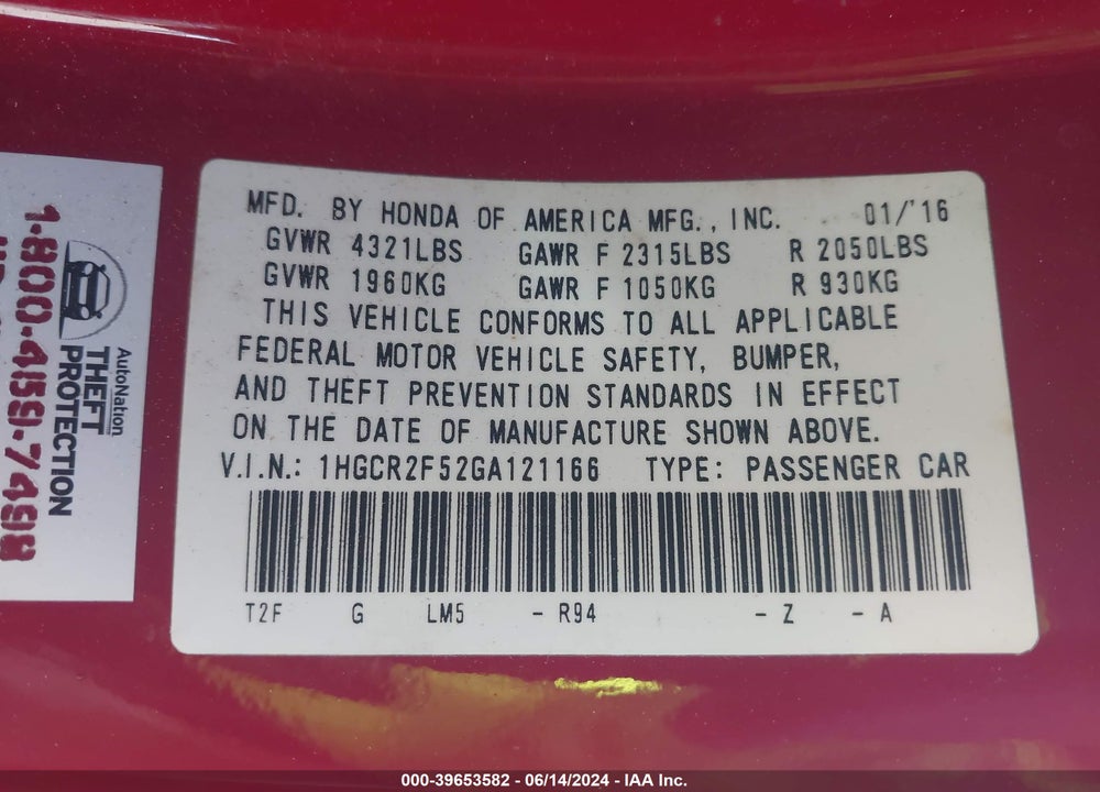 2016 HONDA ACCORD SPORT VIN: 1HGCR2F52GA121166