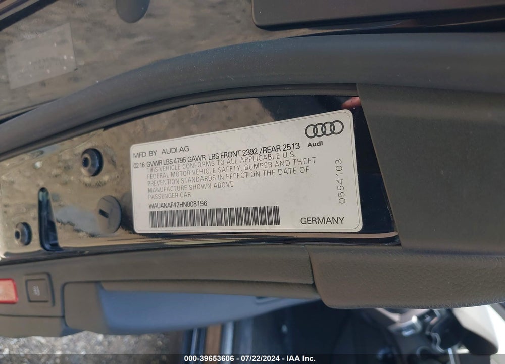 2017 AUDI A4 2.0T PREMIUM VIN: WAUANAF42HN008196