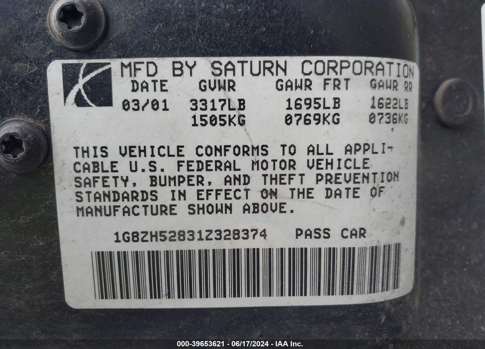 2001 SATURN SL1 VIN: 1G8ZH52831Z328374