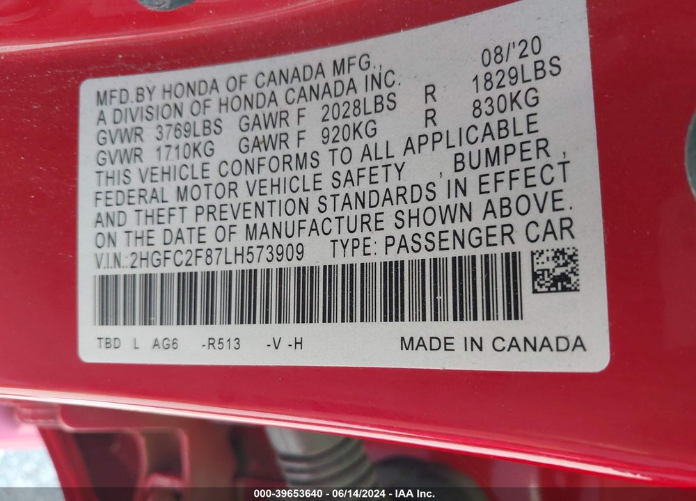2020 HONDA CIVIC SPORT VIN: 2HGFC2F87LH573909