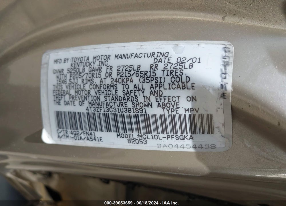 2001 TOYOTA SIENNA LE VIN: 4T3ZF13C31U381891
