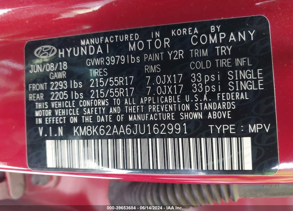 2018 HYUNDAI KONA SEL VIN: KM8K62AA6JU162991