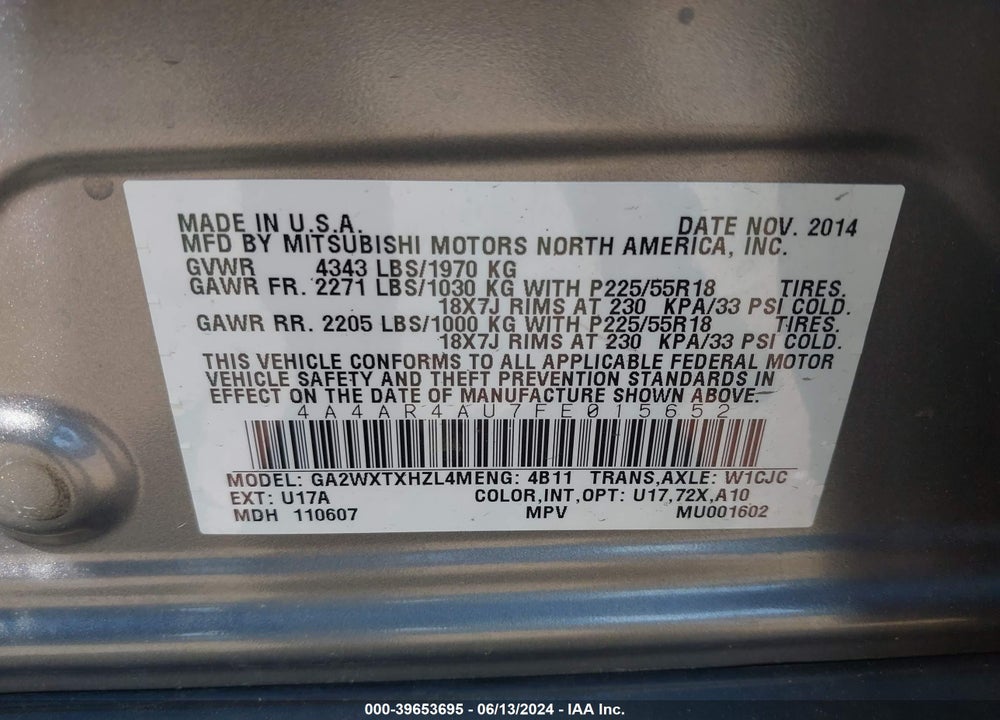 2015 MITSUBISHI OUTLANDER SPORT SE VIN: 4A4AR4AU7FE015652