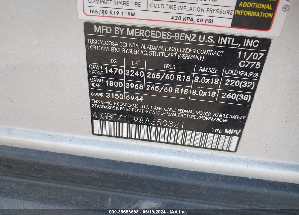 2008 MERCEDES-BENZ GL 450 4MATIC VIN: 4JGBF71E98A350321