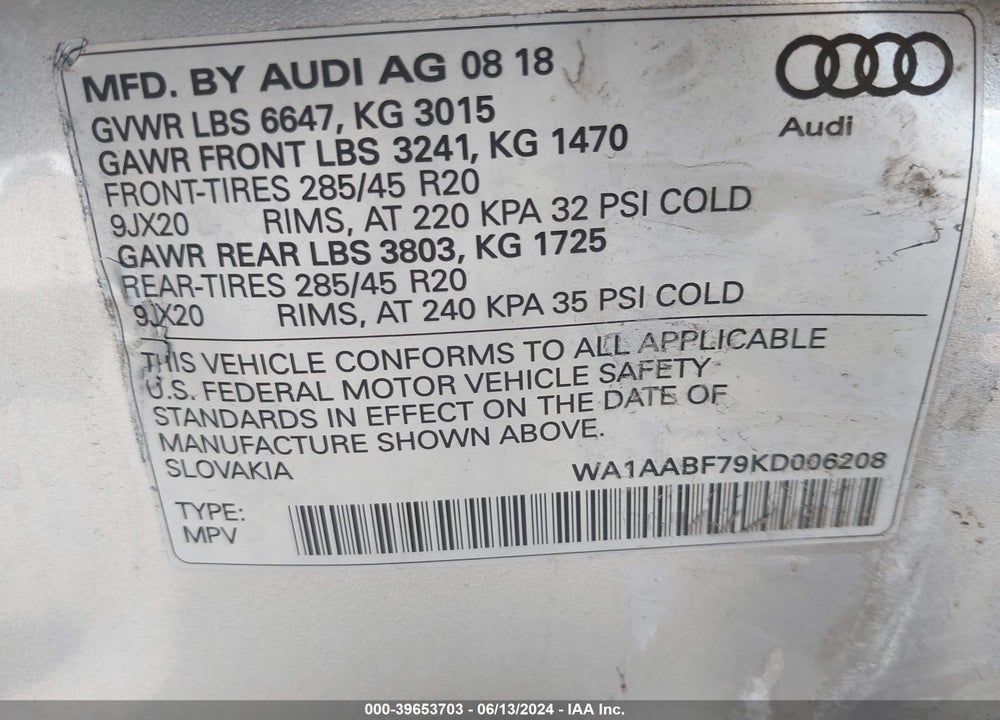 2019 AUDI Q7 55 PREMIUM VIN: WA1AABF79KD006208