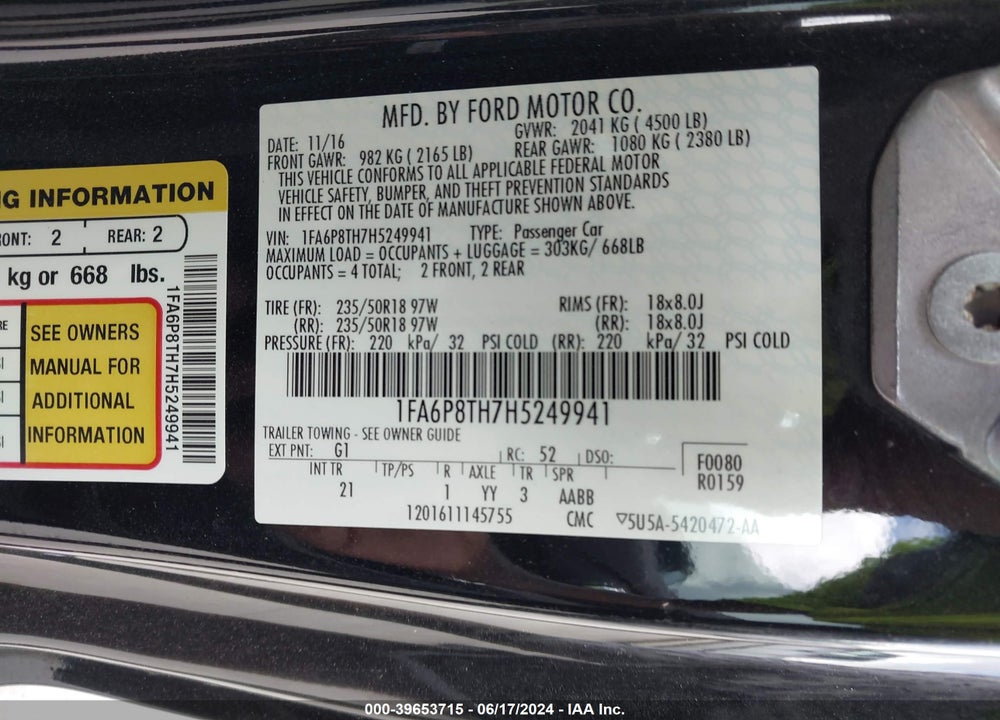 2017 FORD MUSTANG ECOBOOST VIN: 1FA6P8TH7H5249941