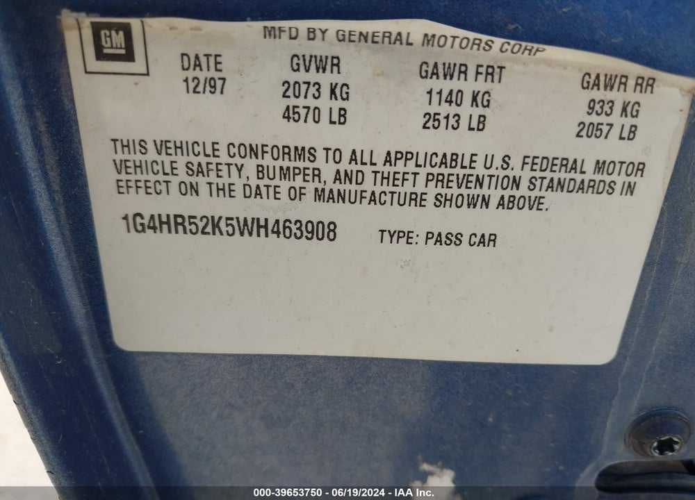 1998 BUICK LESABRE LIMITED VIN: 1G4HR52K5WH463908