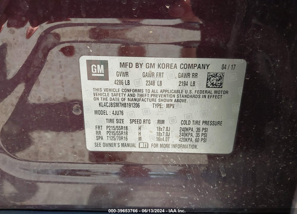 2017 BUICK ENCORE PREFERRED II VIN: KL4CJBSM7HB191206