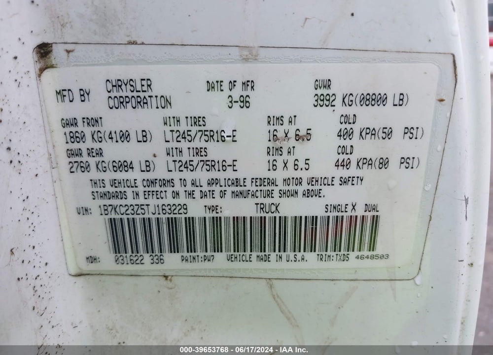 1996 DODGE RAM 2500 VIN: 1B7KC23Z5TJ163229