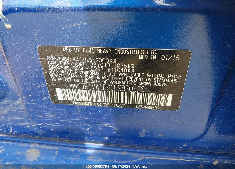 2015 SUBARU WRX PREMIUM VIN: JF1VA1D61F9830326