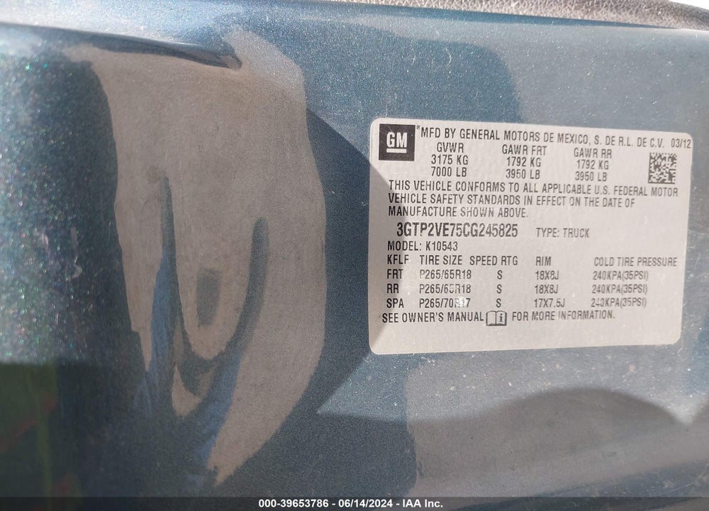 2012 GMC SIERRA 1500 VIN: 3GTP2VE75CG245825