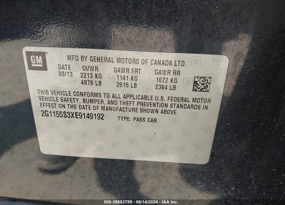 2014 CHEVROLET IMPALA 2LZ VIN: 2G1155S3XE9149192