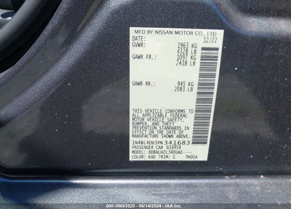 2023 NISSAN ALTIMA SV FWD VIN: 1N4BL4DV3PN341683