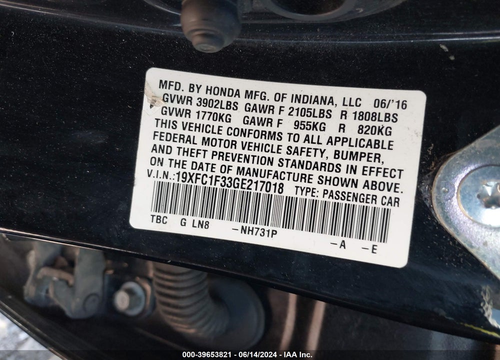 2016 HONDA CIVIC EX-T VIN: 19XFC1F33GE217018