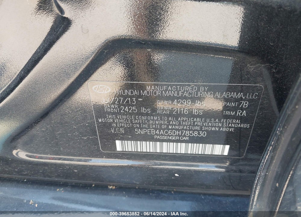 2013 HYUNDAI SONATA GLS VIN: 5NPEB4AC6DH785830