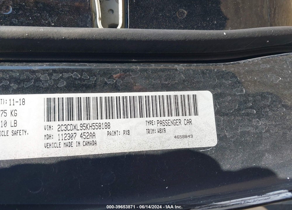 2019 DODGE CHARGER SRT HELLCAT RWD VIN: 2C3CDXL95KH558188