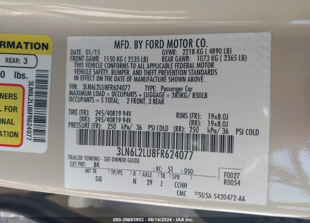 2015 LINCOLN MKZ HYBRID VIN: 3LN6L2LU8FR624077
