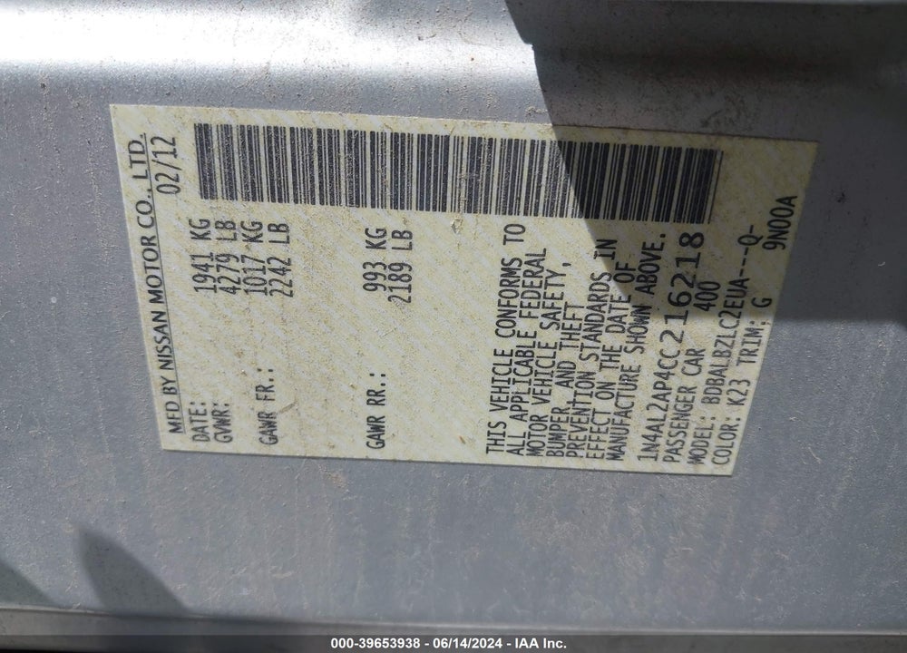 2012 NISSAN ALTIMA 2.5 S VIN: 1N4AL2AP4CC216218
