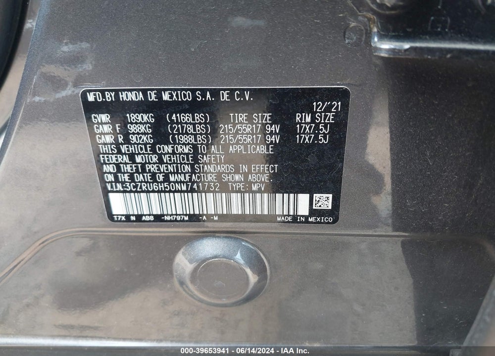 2022 HONDA HR-V AWD EX VIN: 3CZRU6H50NM741732