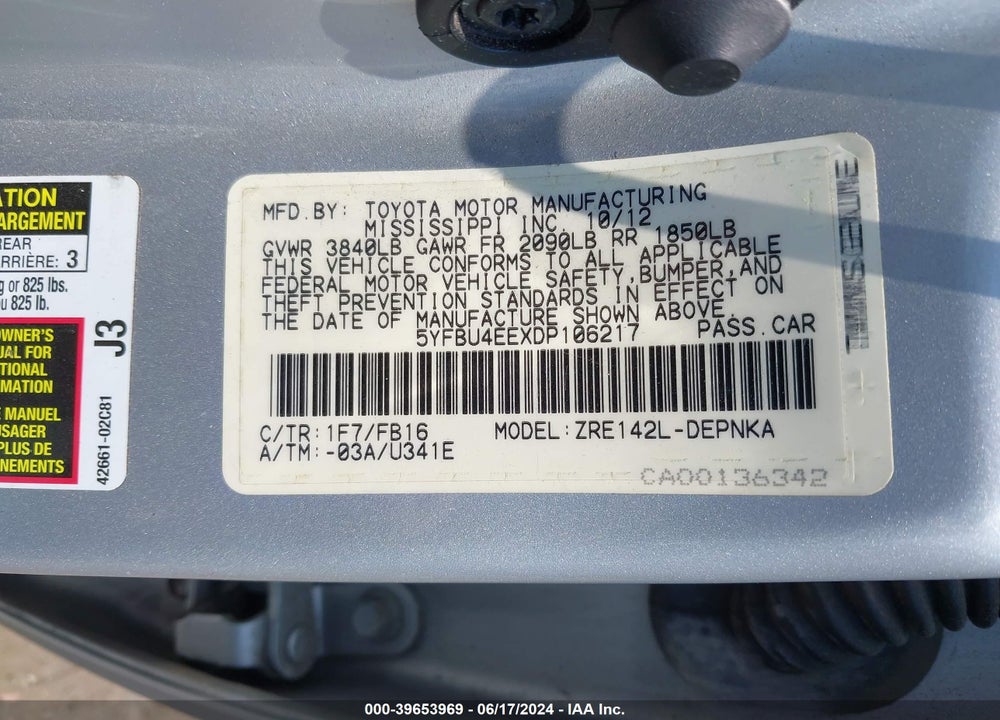 2013 TOYOTA COROLLA LE VIN: 5YFBU4EEXDP106217