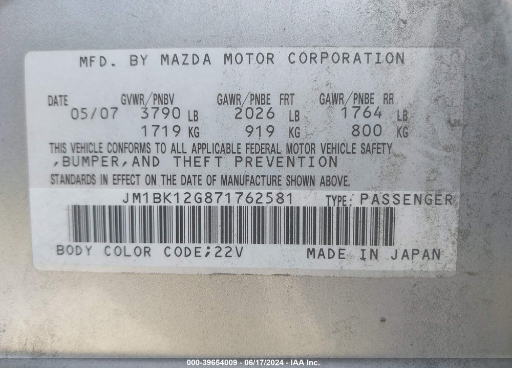 2007 MAZDA 3 I SPORT VIN: JM1BK12G871762581