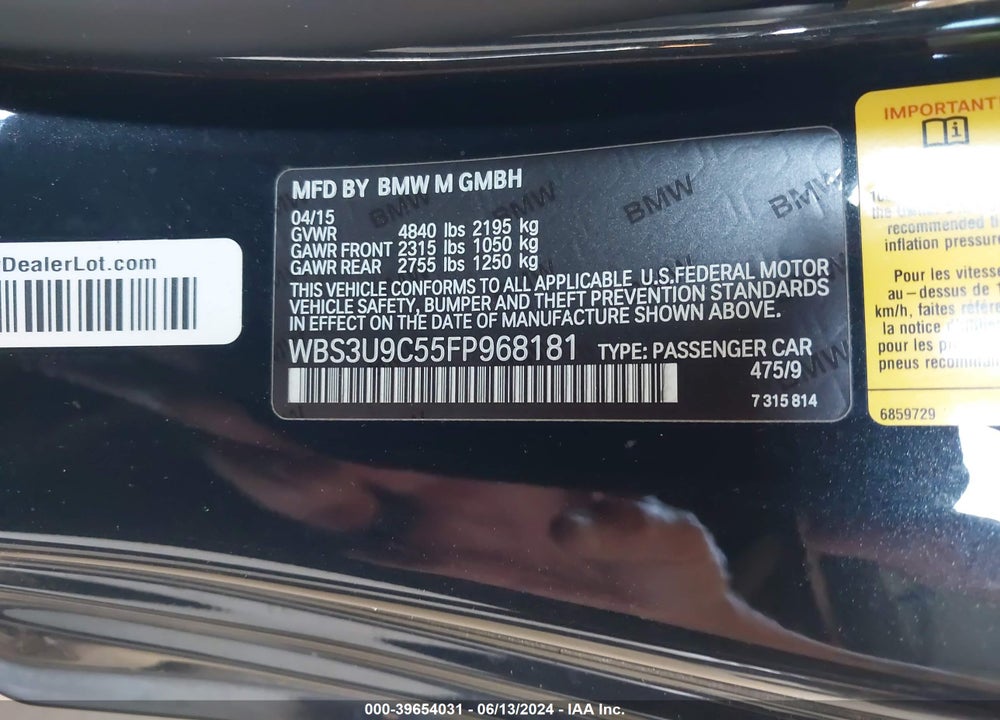 2015 BMW M4 VIN: WBS3U9C55FP968181