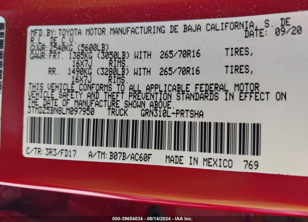 2020 TOYOTA TACOMA TRD OFF ROAD VIN: 3TMDZ5BN8LM097950