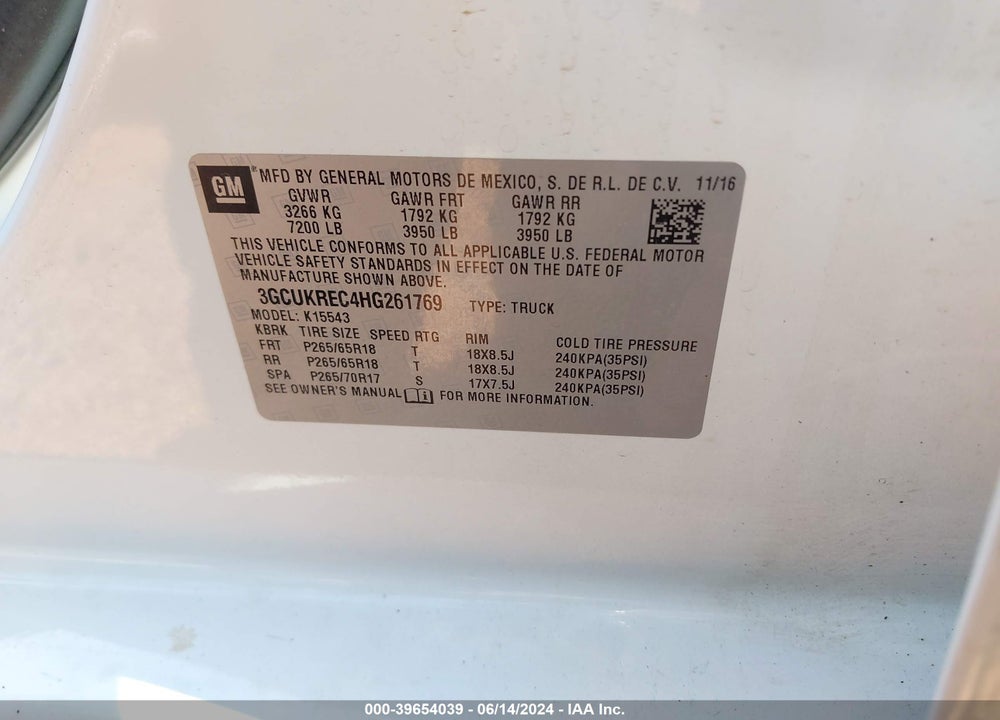 2017 CHEVROLET SILVERADO 1500 2LT VIN: 3GCUKREC4HG261769