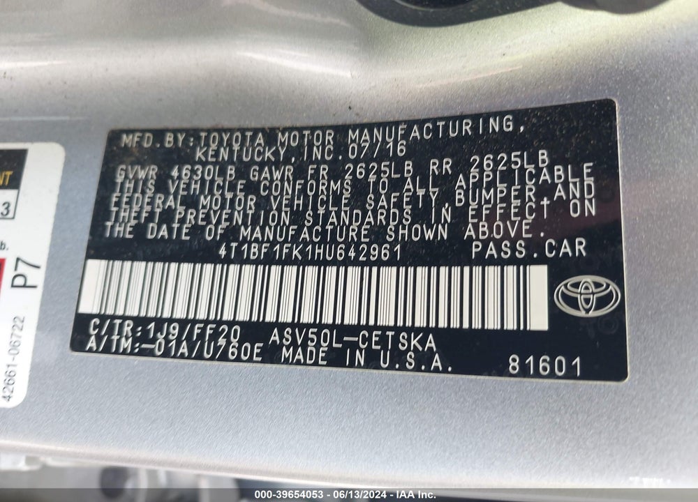 2017 TOYOTA CAMRY SE VIN: 4T1BF1FK1HU642961