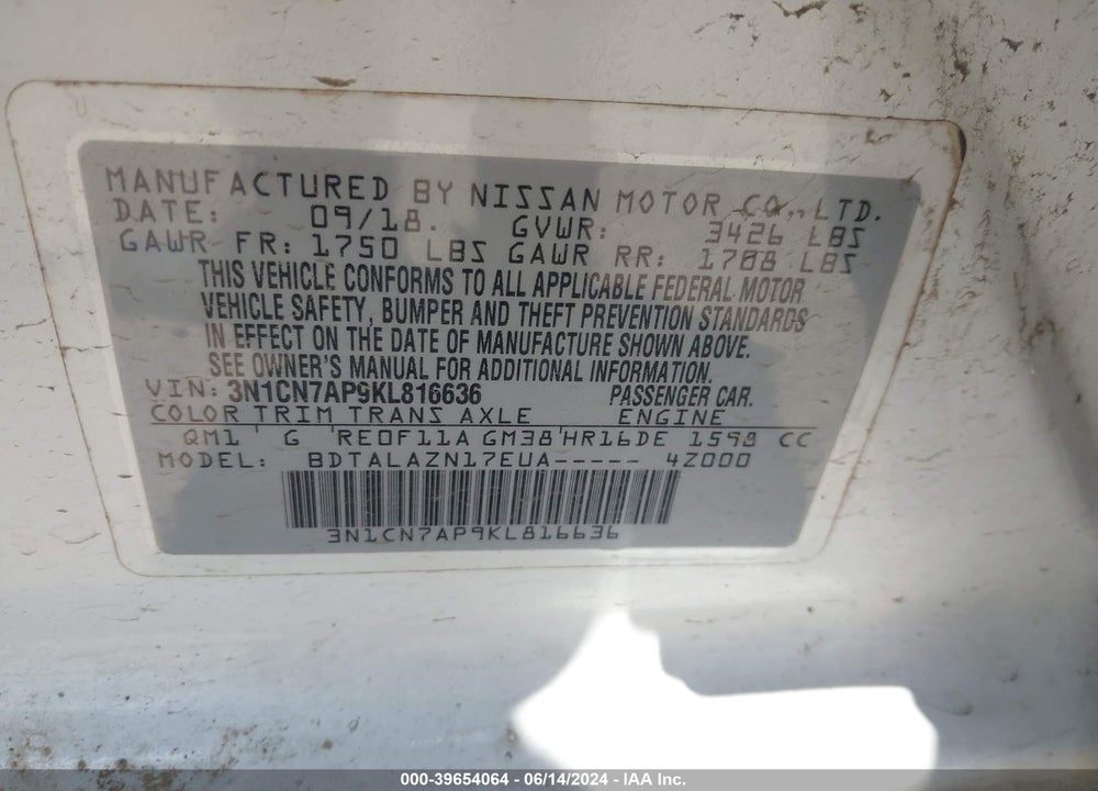 2019 NISSAN VERSA 1.6 S+ VIN: 3N1CN7AP9KL816636