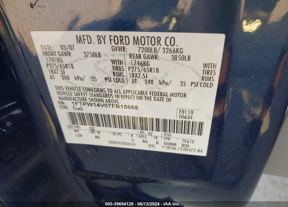 2007 FORD F-150 FX4/LARIAT/XLT VIN: 1FTPW14V07FB15665