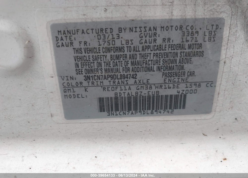 2013 NISSAN VERSA 1.6 SV VIN: 3N1CN7AP9DL894742
