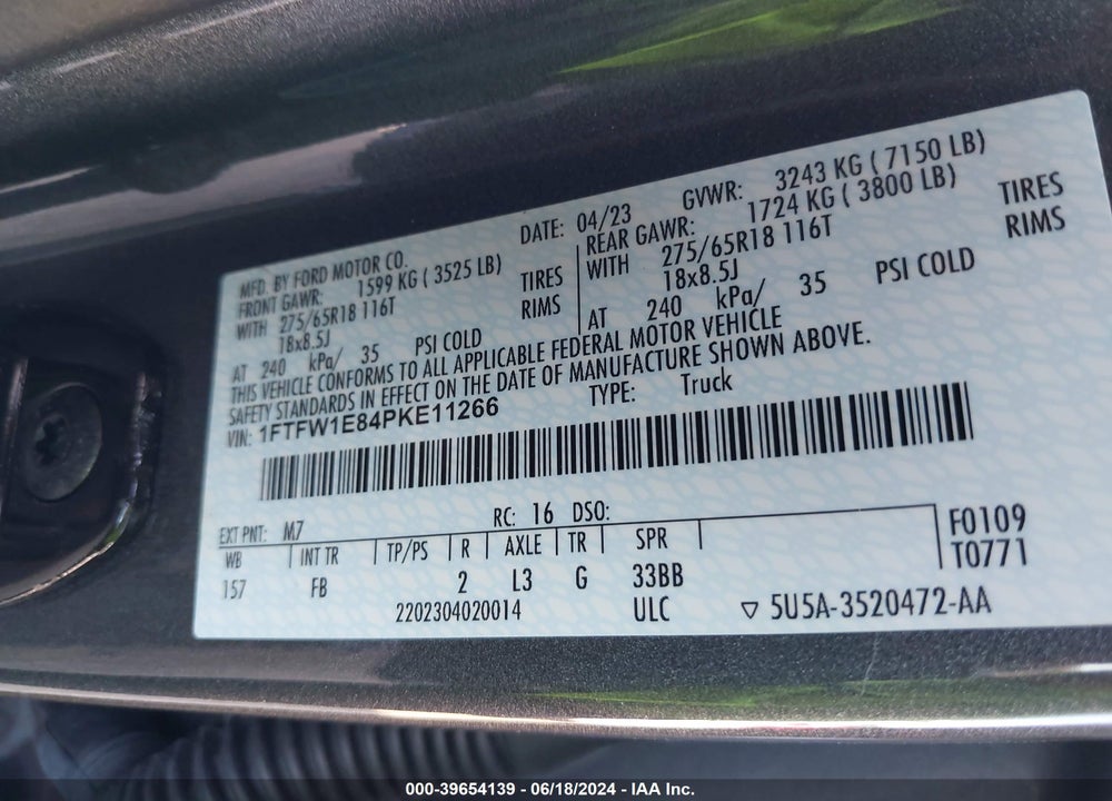 2023 FORD F-150 VIN: 1FTFW1E84PKE11266