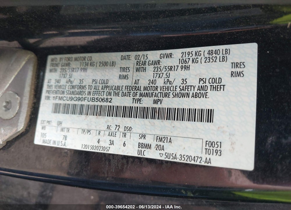 2015 FORD ESCAPE SE VIN: 1FMCU9G90FUB50682