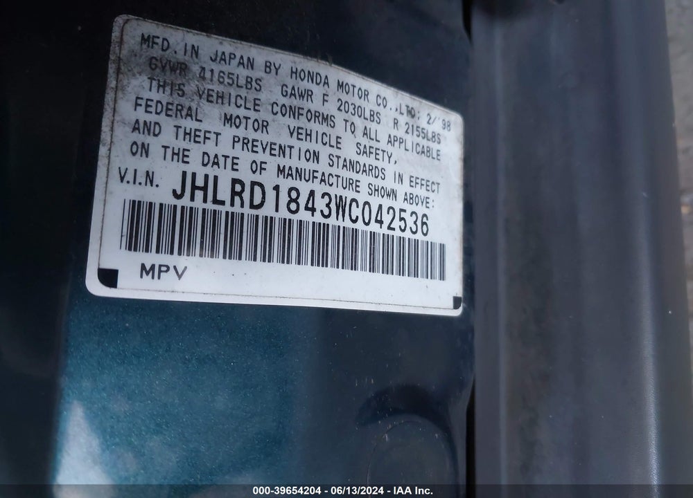 1998 HONDA CR-V LX VIN: JHLRD1843WC042536