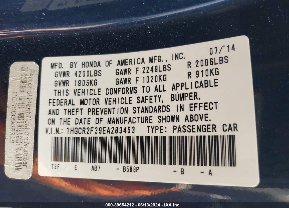 2014 HONDA ACCORD LX VIN: 1HGCR2F39EA283453