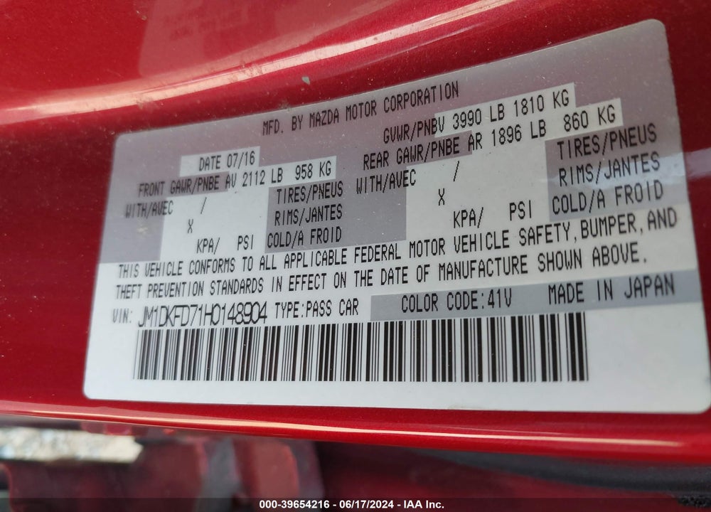 2017 MAZDA CX-3 VIN: JM1DKFD71H0148904