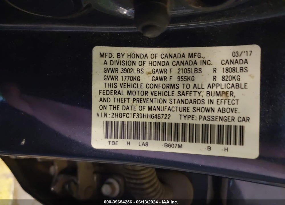 2017 HONDA CIVIC EX-T VIN: 2HGFC1F39HH646722